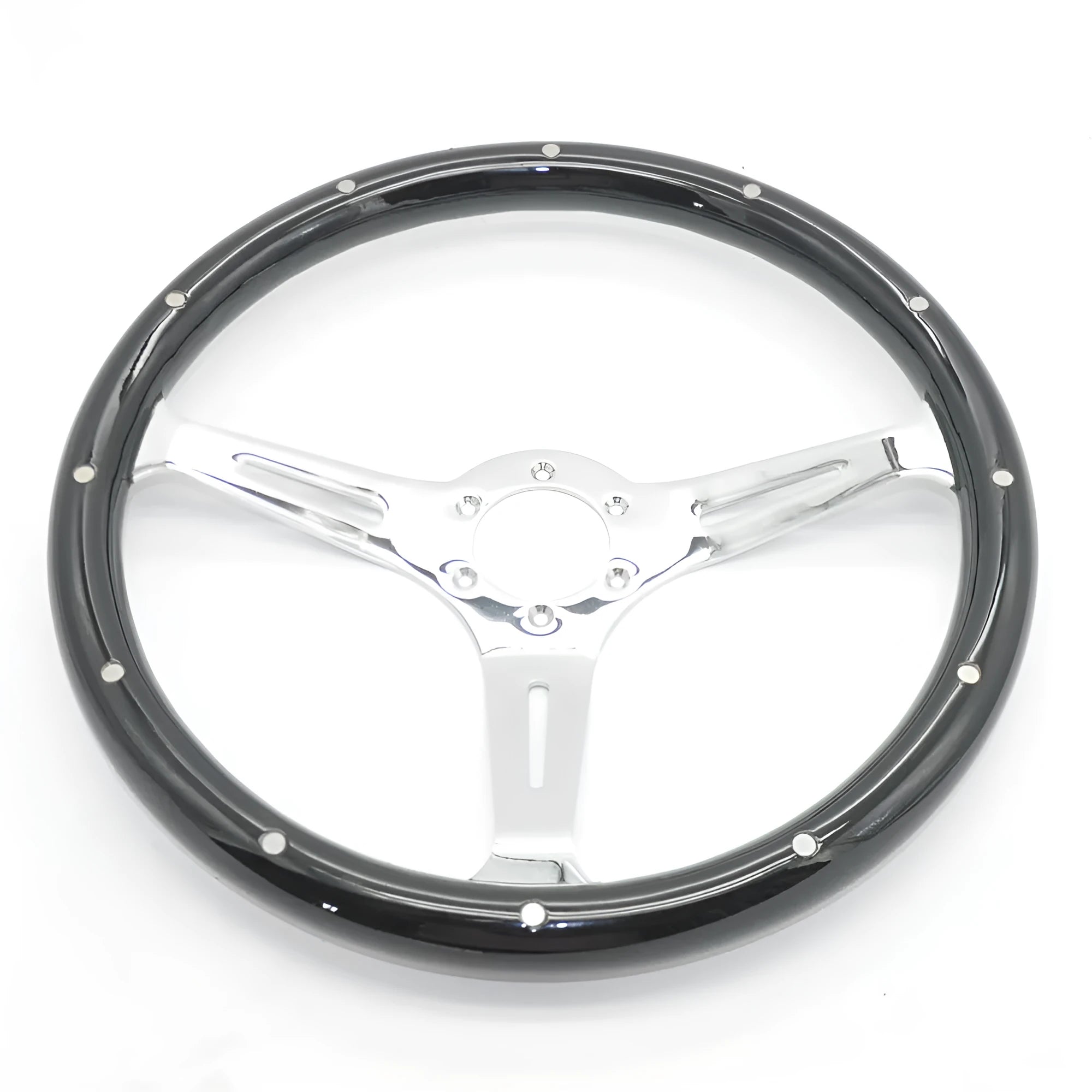 Black peach wood car steering wheel with electroplated finish, 15-inch diameter and 6-hole mount.