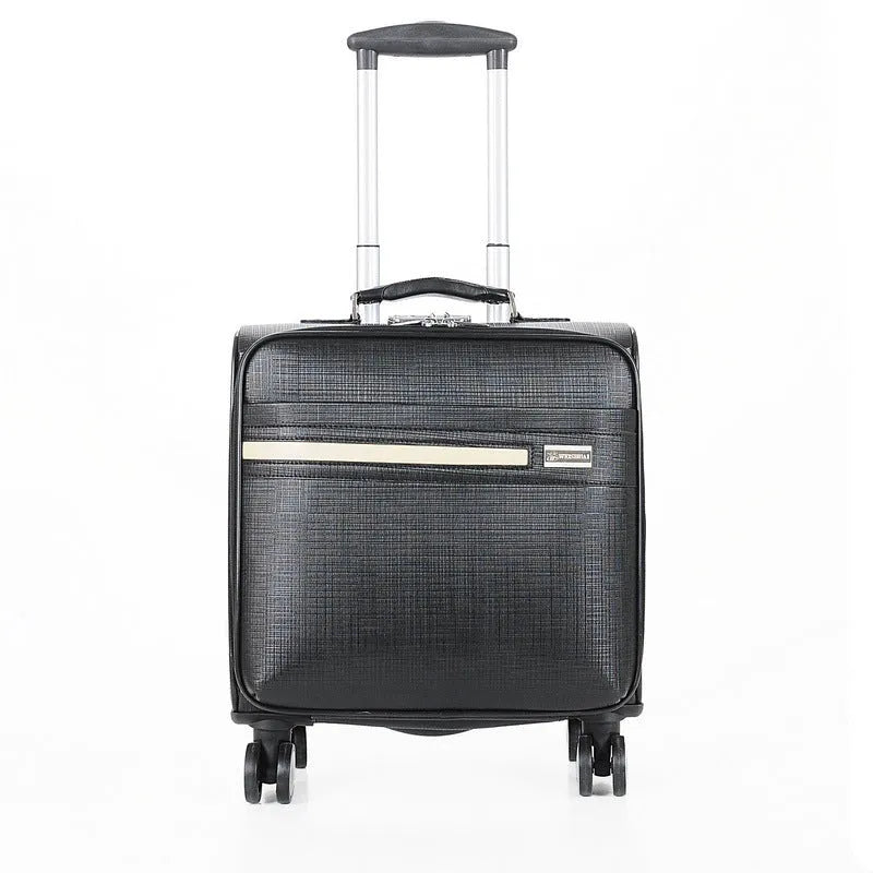 Black wheeled 18 inch PU leather business case with lock and airplane-style wheels.