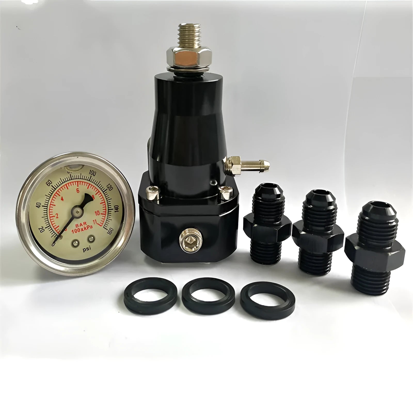 Black CNC aluminium fuel pressure regulator with adjustment port and fittings