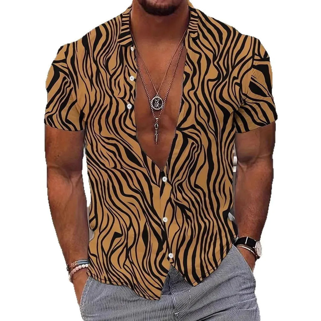 Men's geometric line pattern printed short sleeve shirt with lapel collar in slim fit style