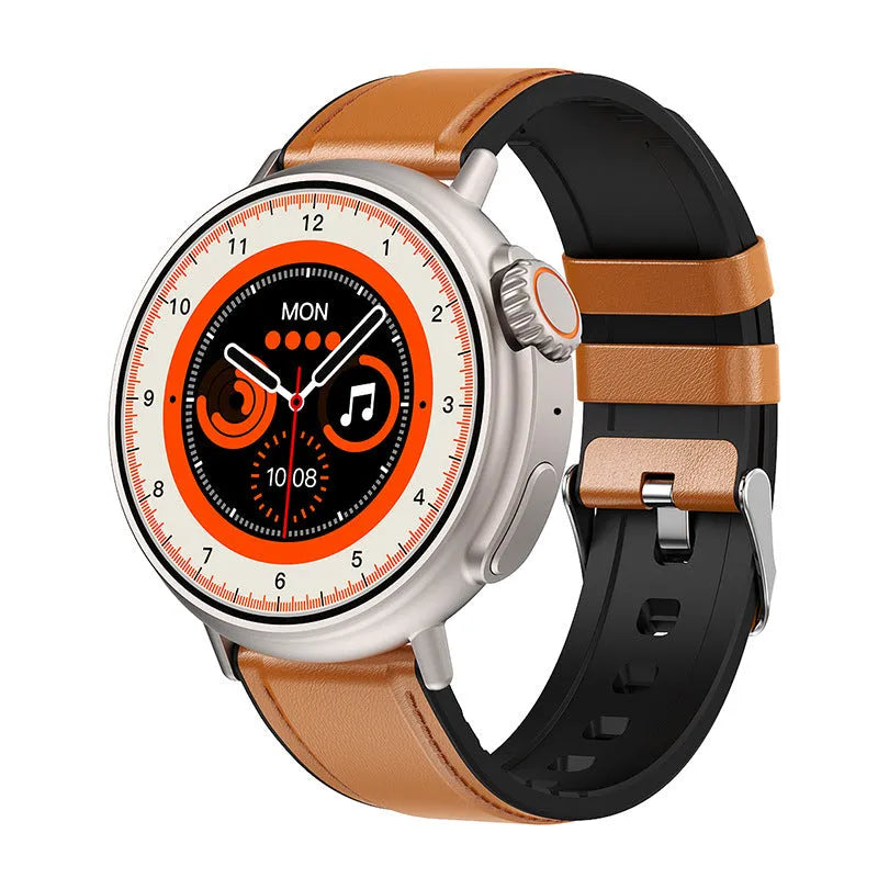 K9 smart watch with round screen on silicone strap showing fitness stats interface