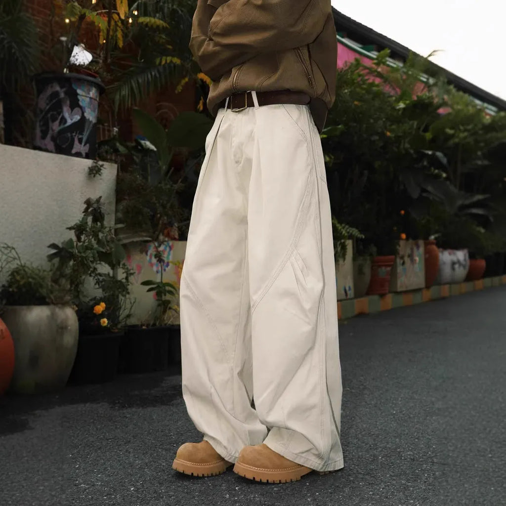 Men's pleated straight trousers with elastic waist in striped cotton-polyester fabric