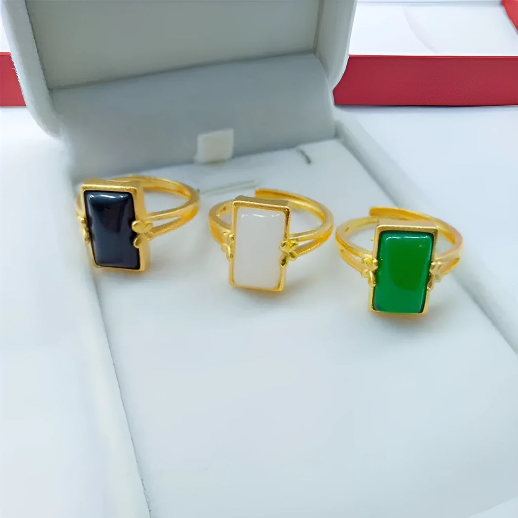 Adjustable national style brass gold-plated ring with gemstone inlay in black, green or white options
