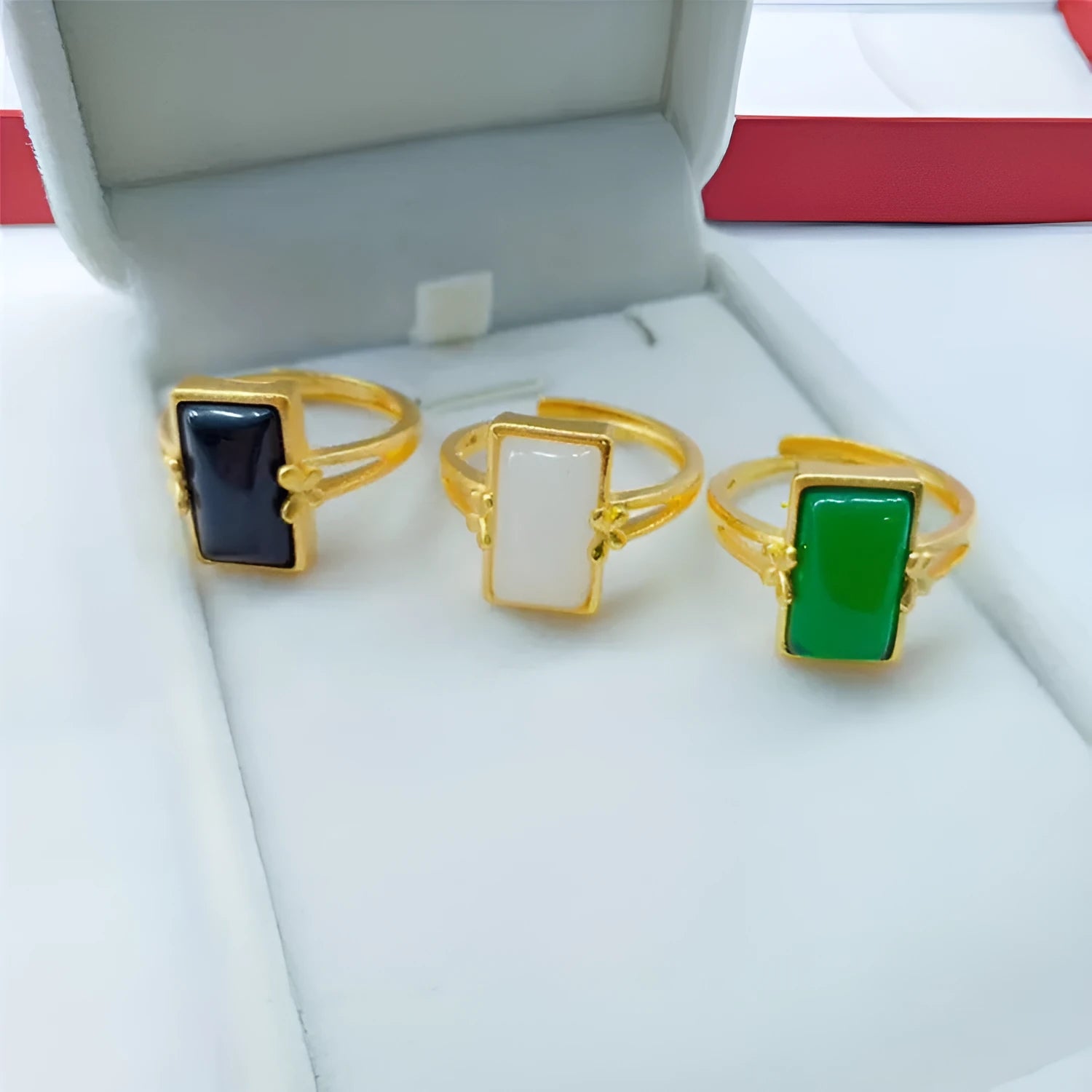 Adjustable national style brass gold-plated ring with gemstone inlay in black, green or white options