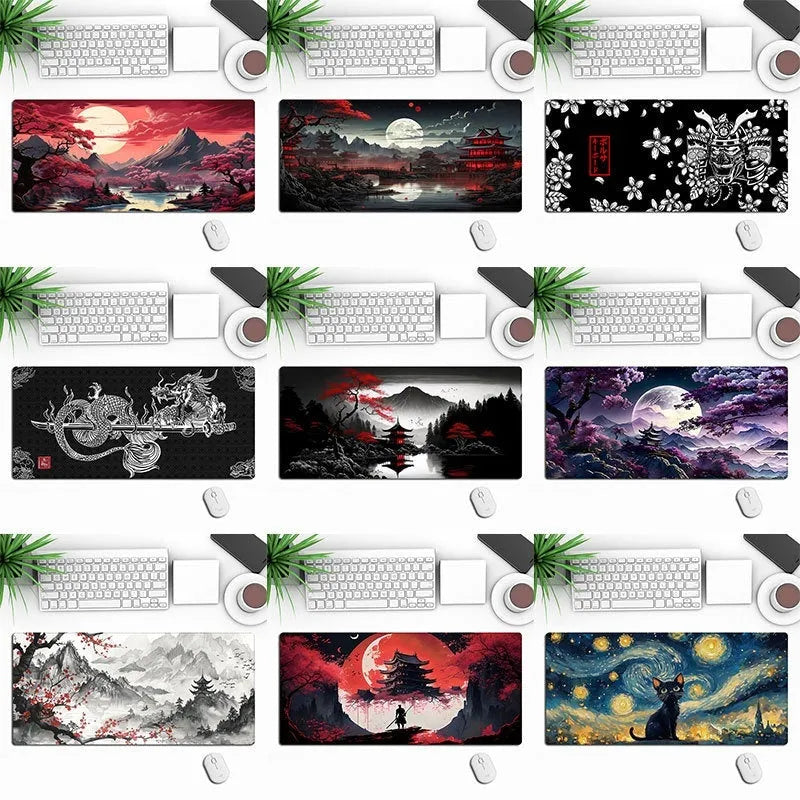 Large anime-themed gaming desk mouse pad with non-slip rubber cloth base on a wooden desk.