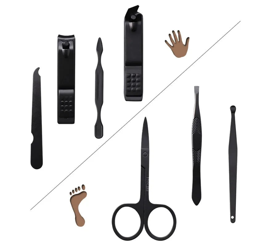 7-piece nail clippers manicure set with eyebrow scissors and ear spoon on white background