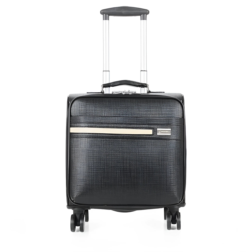 Black wheeled 18 inch PU leather business case with lock and airplane-style wheels.