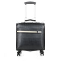 Black wheeled 18 inch PU leather business case with lock and airplane-style wheels.