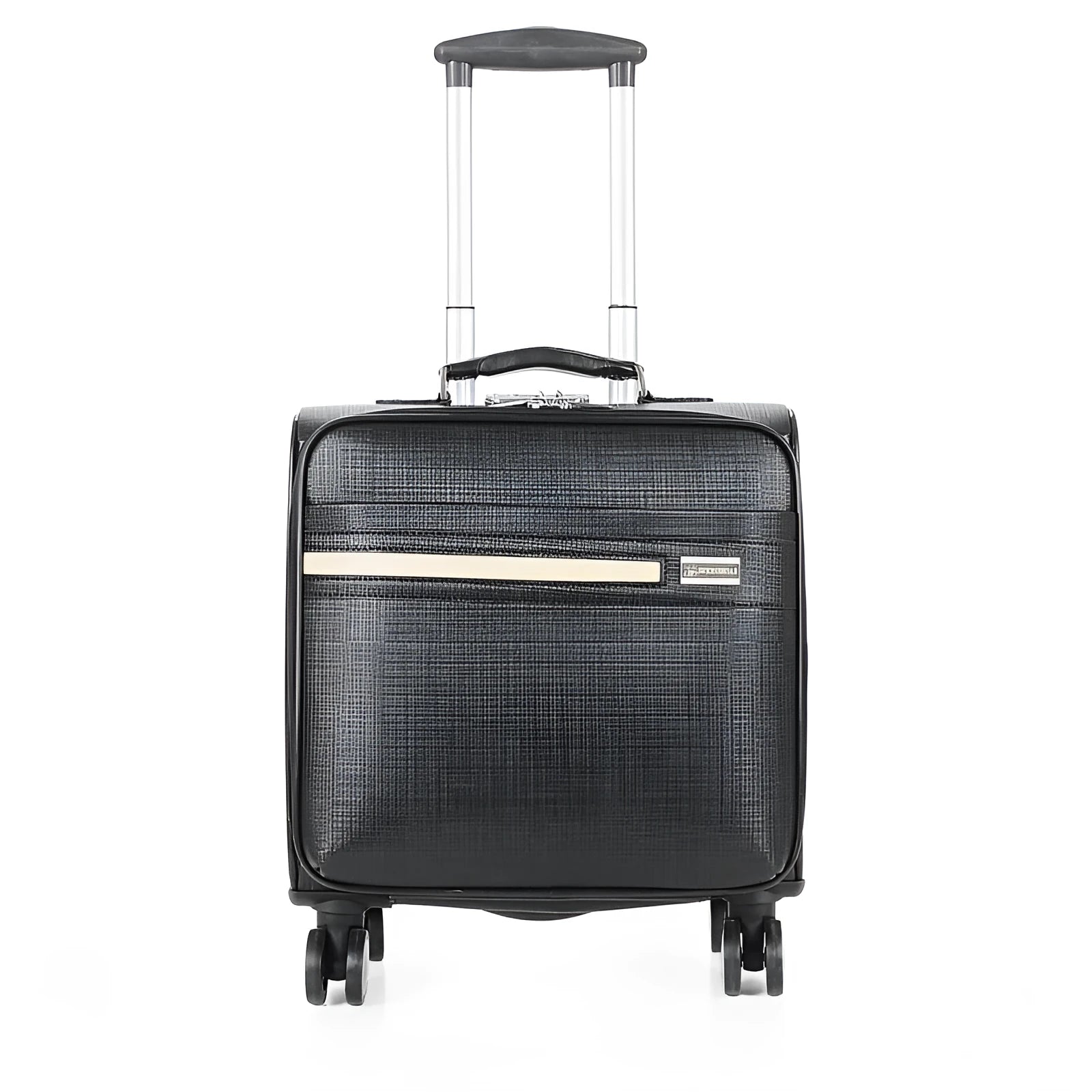 Black wheeled 18 inch PU leather business case with lock and airplane-style wheels.