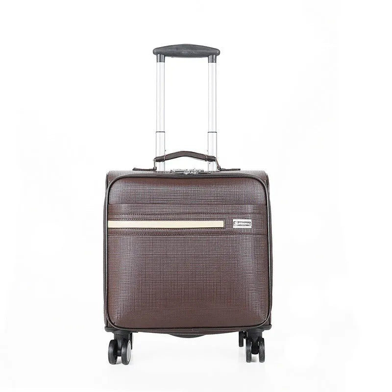 Black wheeled 18 inch PU leather business case with lock and airplane-style wheels.