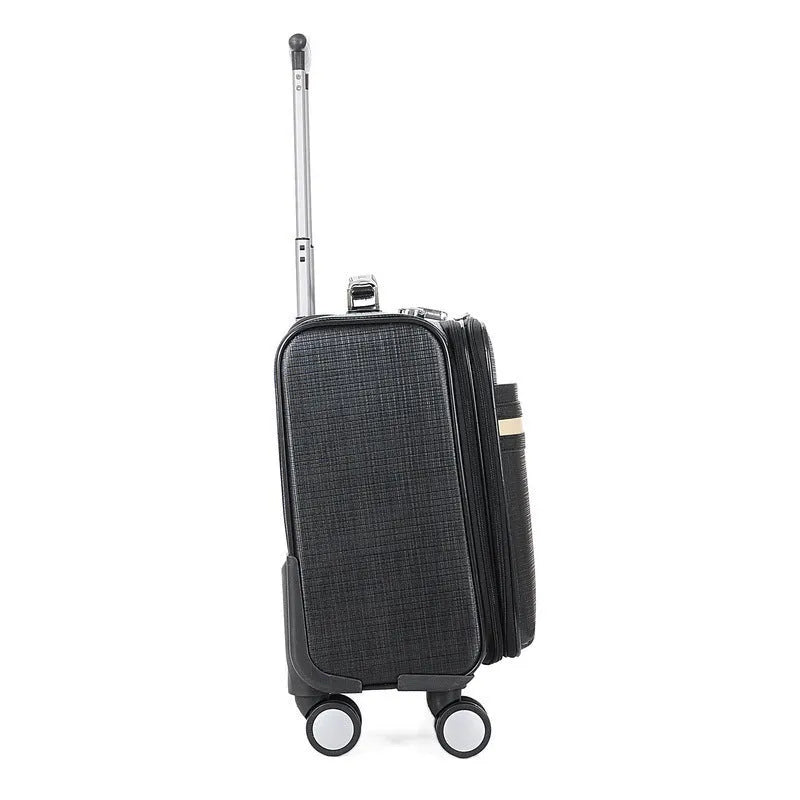 Black wheeled 18 inch PU leather business case with lock and airplane-style wheels.