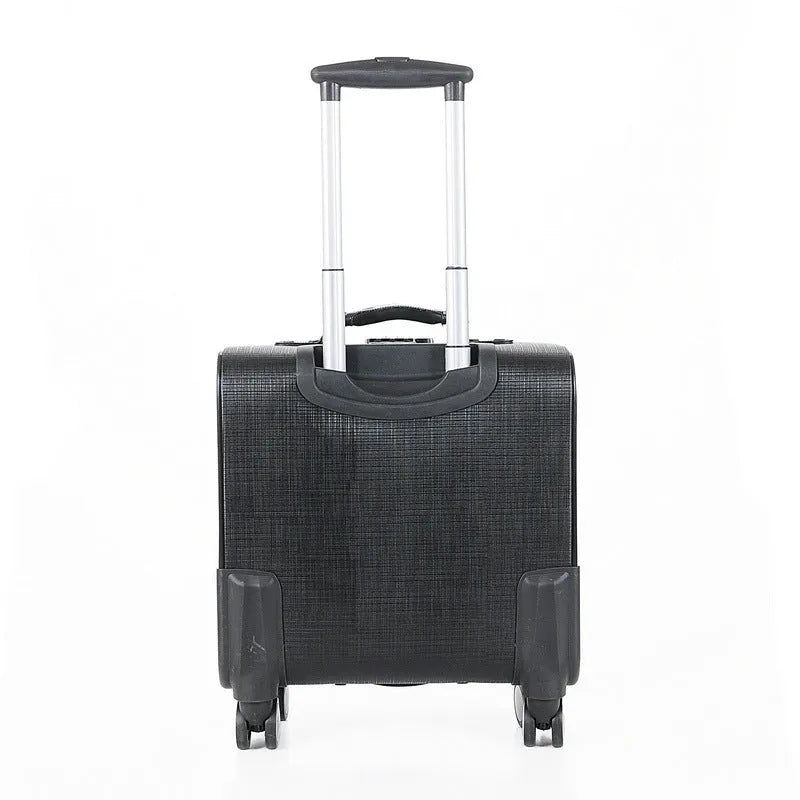 Black wheeled 18 inch PU leather business case with lock and airplane-style wheels.