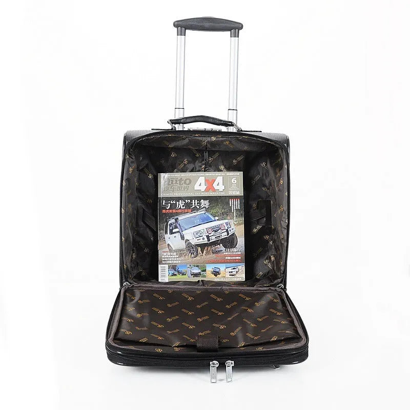 Black wheeled 18 inch PU leather business case with lock and airplane-style wheels.