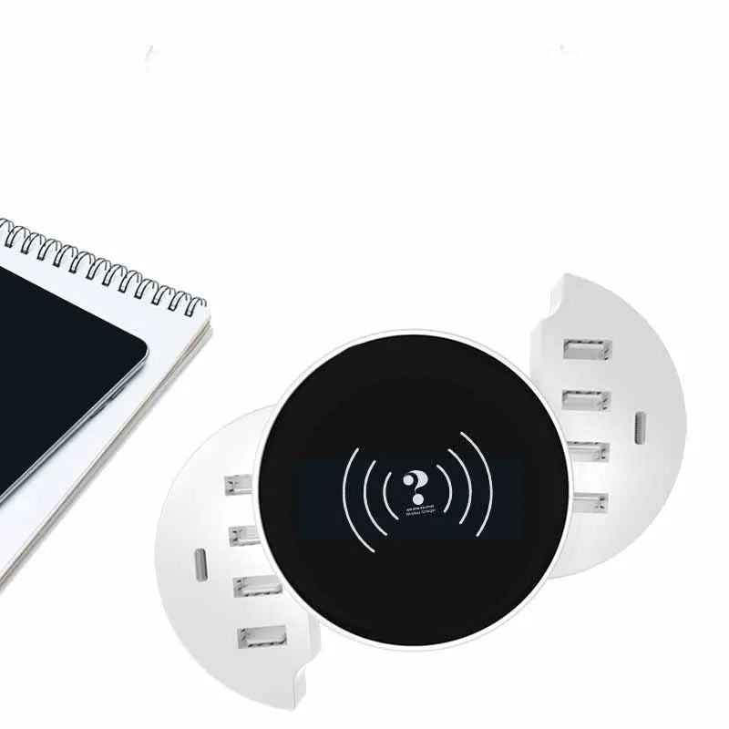 Multi-port wireless circular charger in ceramic white with UK EU US plug adapters and 1.5m cable