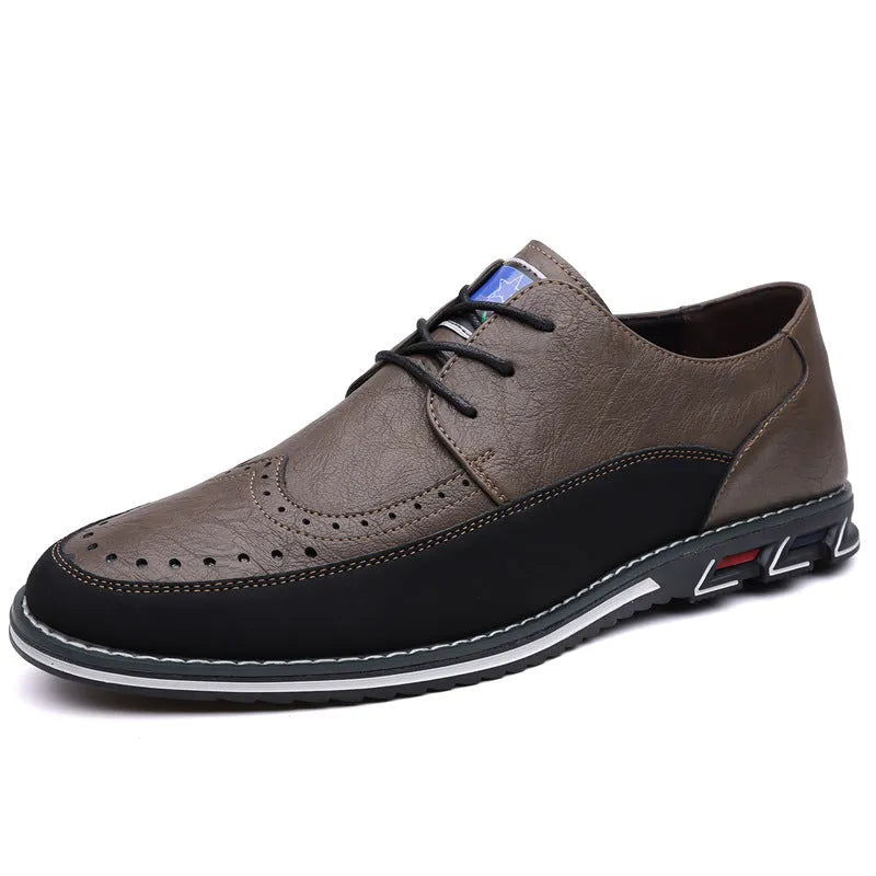 Men's casual leather slip-on shoes showing leather toe cap and sewing line detailing