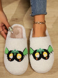 Women's indoor plush thermal cotton slippers with linen upper in Mask Black colour
