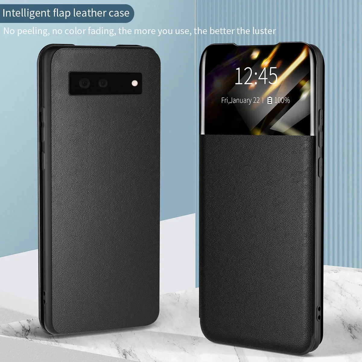 Card flip PU leather protective case for Google Pixel 6 in black, with card slot visible