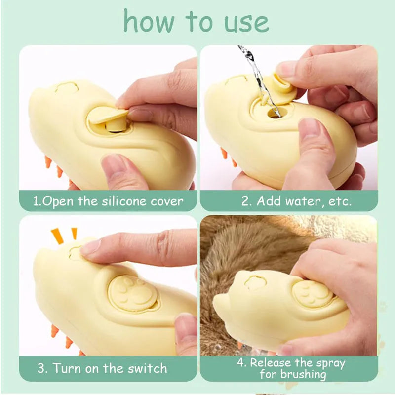 3-in-1 steam grooming brush for pet hair removal on cats and dogs