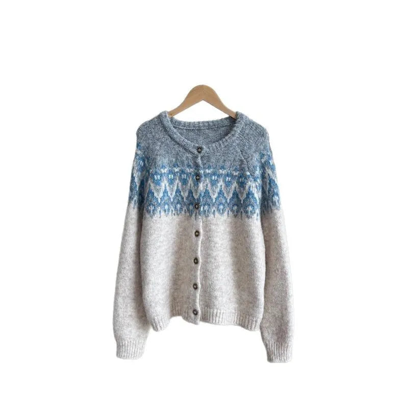 Women's loose-fit jacquard sweater coat in milky white, shown with long sleeves and a textured pattern.