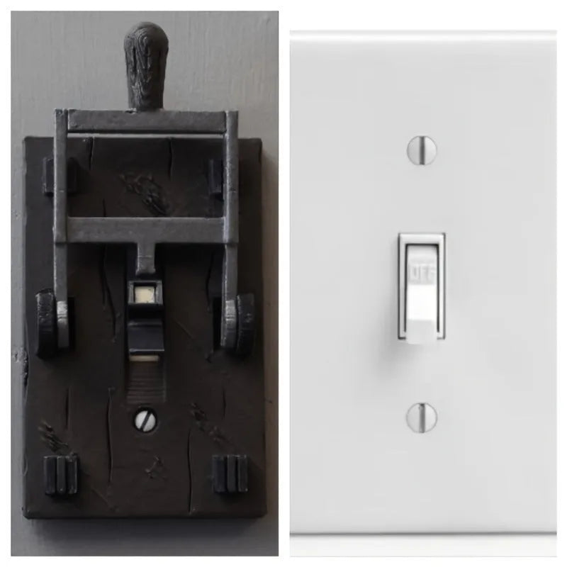Retro-style white mechanical light switch with single control, made from PLA plastic.