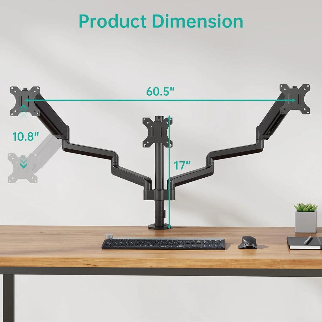 Black three-arm gas spring monitor mount for 27-inch screens with aluminium construction
