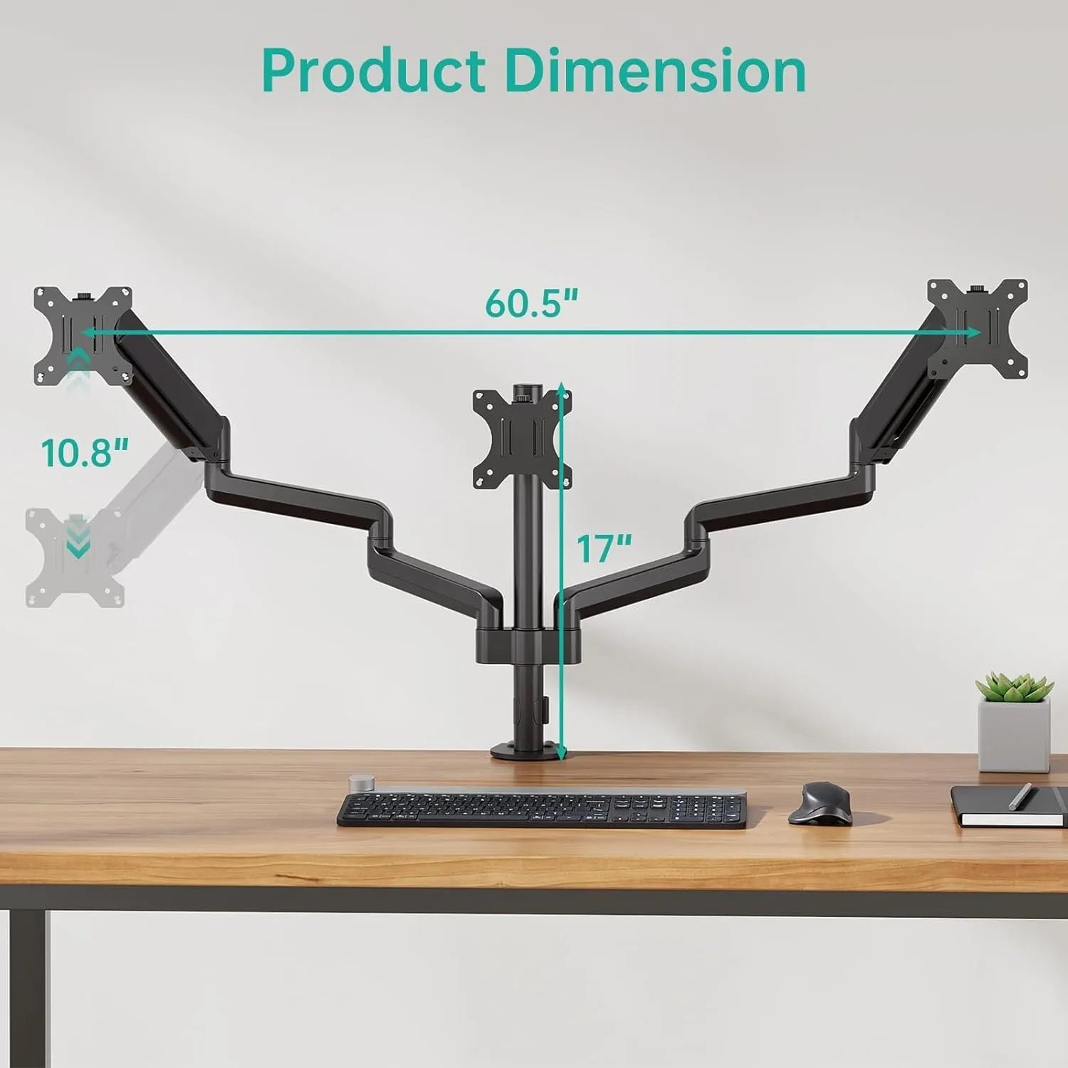 Black three-arm gas spring monitor mount for 27-inch screens with aluminium construction
