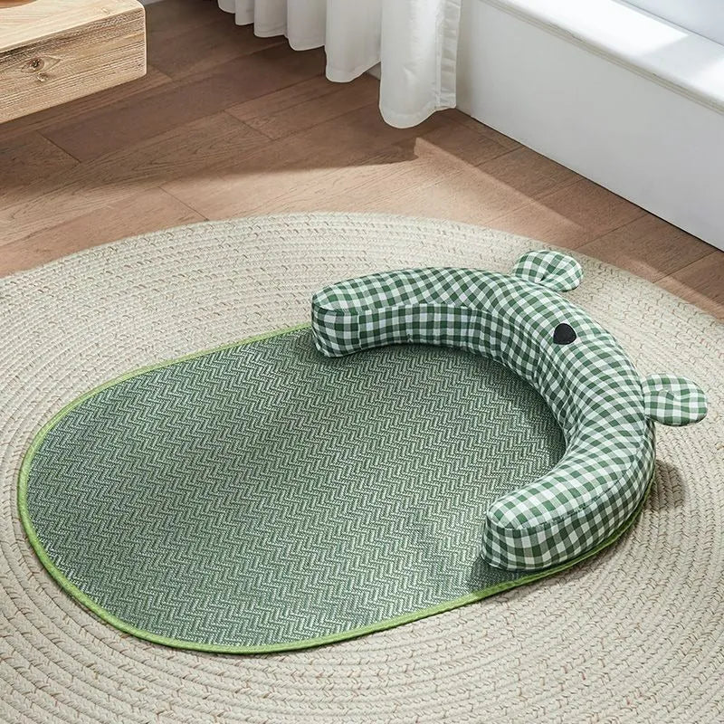Green pet cooling mat for small dog in size L, 75 x 55cm, on a wooden floor