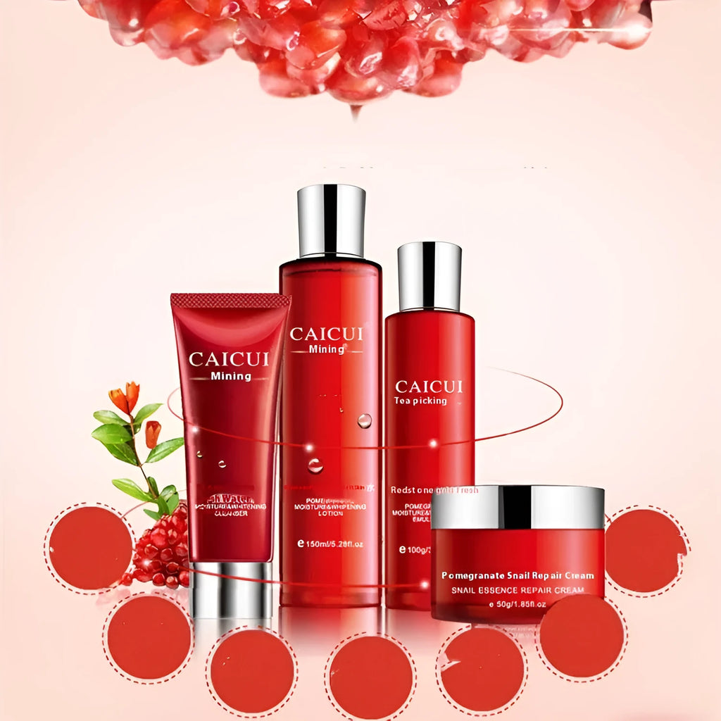 Pomegranate moisturizing skincare set with face wash toner lotion and cream in red packaging