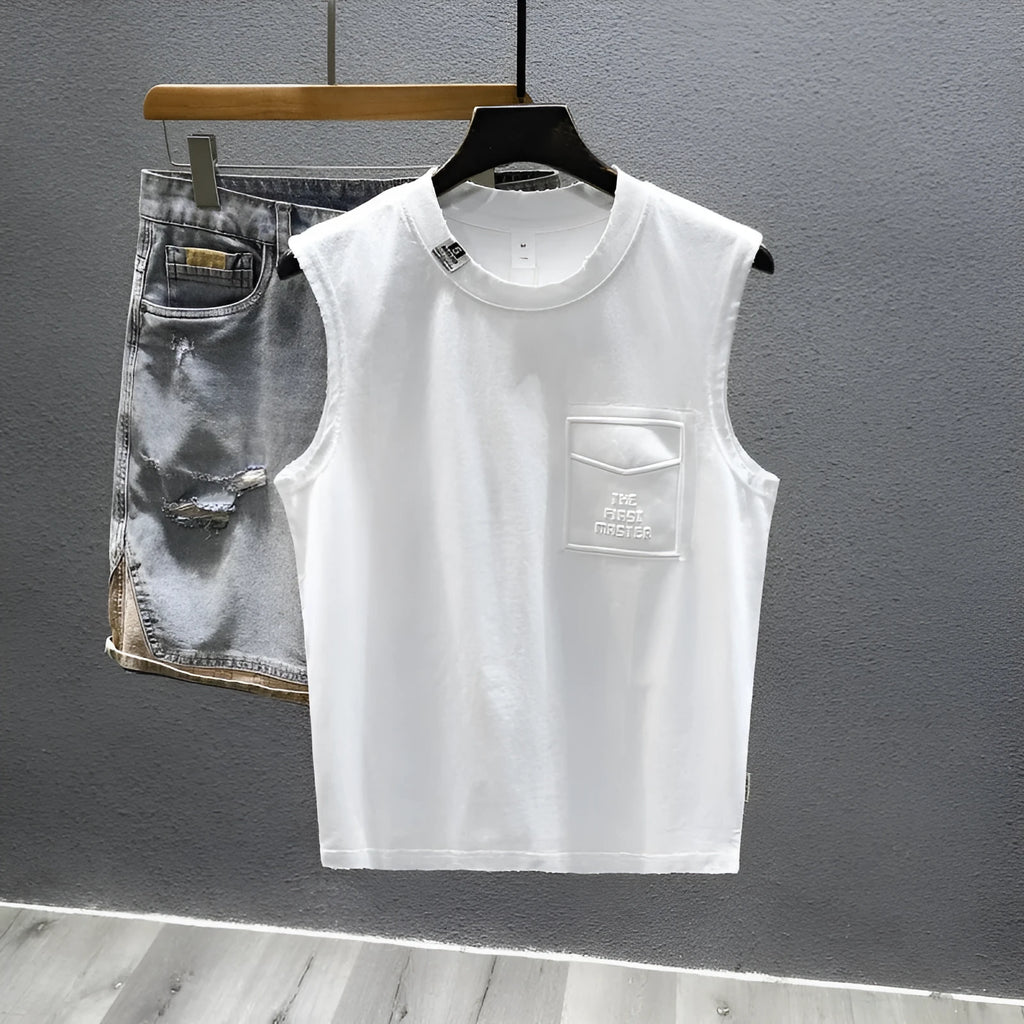 A white loose-fit cotton sleeveless t-shirt with a straight hem, laid flat.