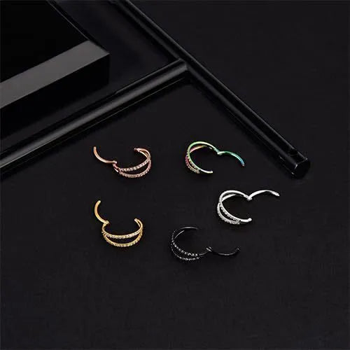 G23 titanium alloy puncture-style lip and nose ring in steel colour or gold finish.