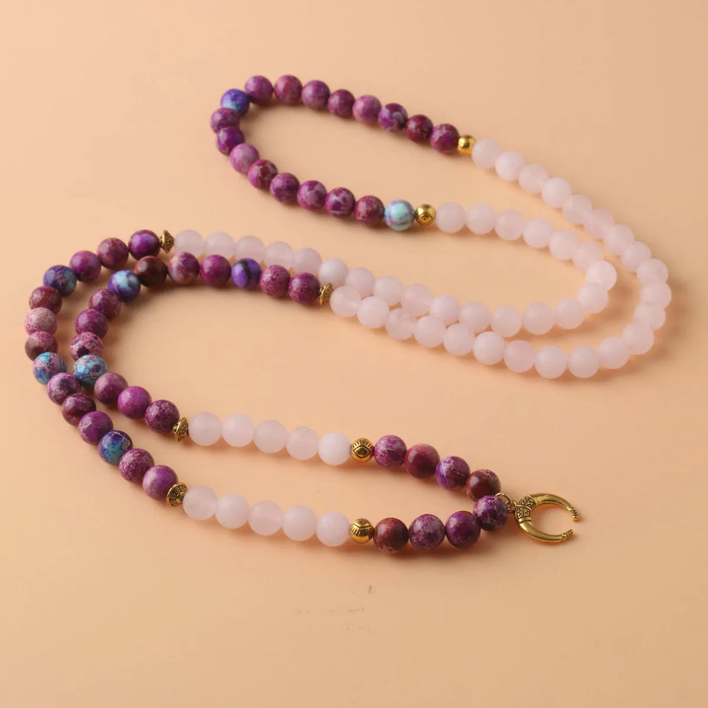 Pink crystal round Emperor Stone beads pendant necklace on a casual unisex cord, approximately 45 cm long