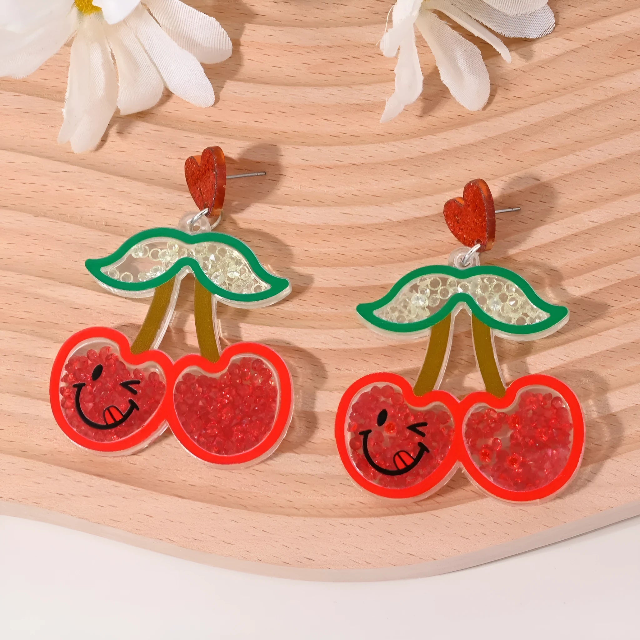 Colourful acrylic fruit earrings for women featuring cherry, strawberry, watermelon, and pineapple shapes, dangle style