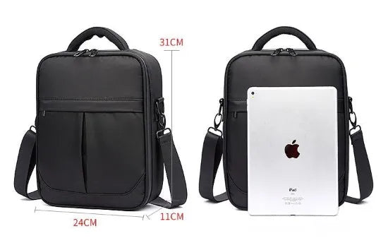 Black Oxford fabric men's messenger shoulder bag showing 24x11x31cm dimensions