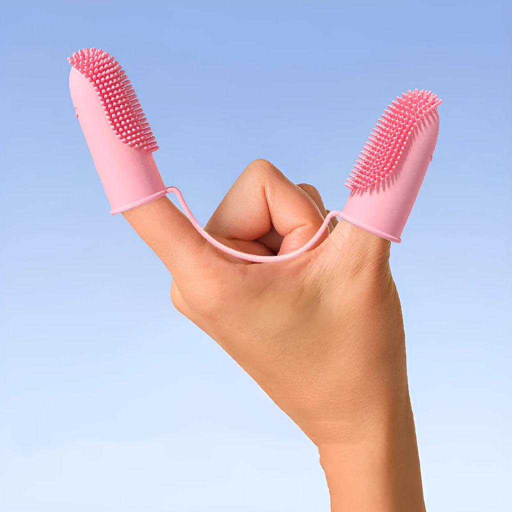 Pet double finger toothbrush in TPR material pink blue green grass yellow for teeth cleaning and gum care
