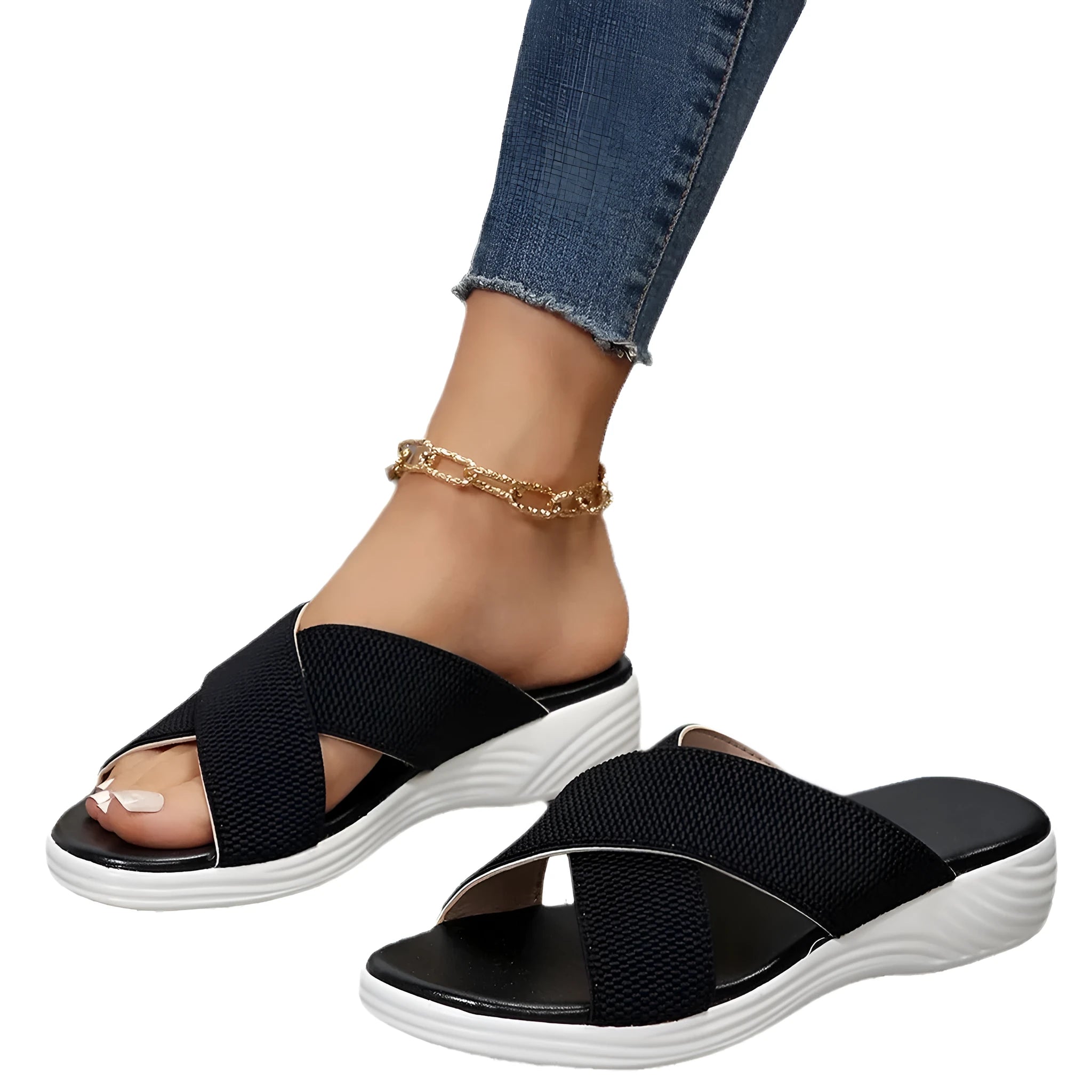 Black women's wedge slippers with cross-strap and thick rubber sole, showing peep-toe design