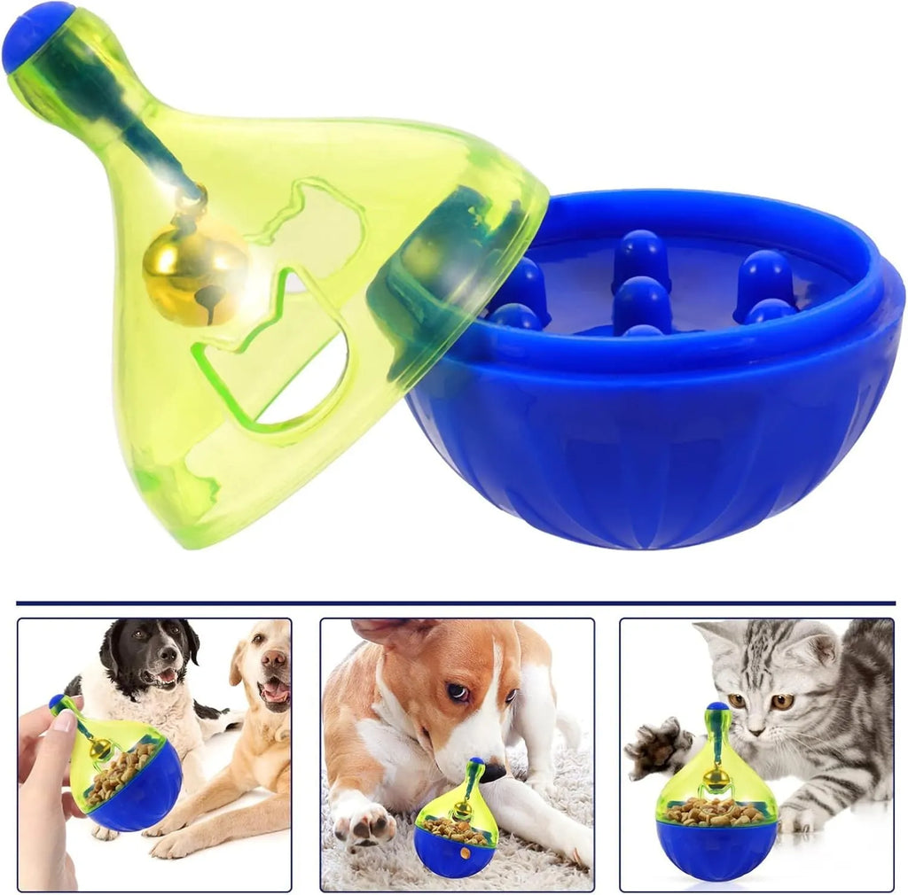 Blue pet treat dispenser tumbler toy for dogs and cats with interactive food puzzle design