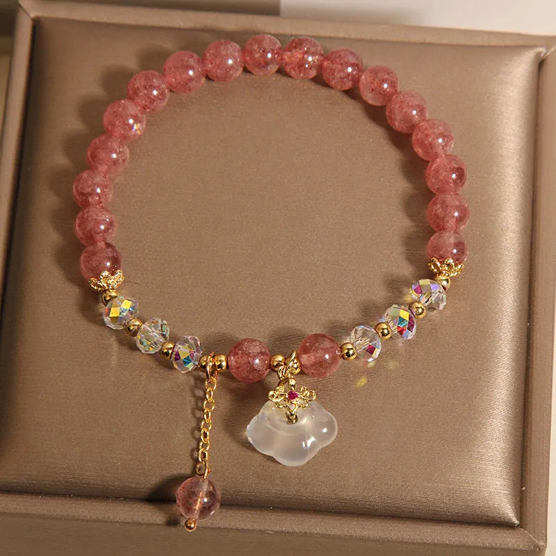 Women's natural strawberry quartz white agate crystal bracelet with auspicious cloud carvings on stretch cord