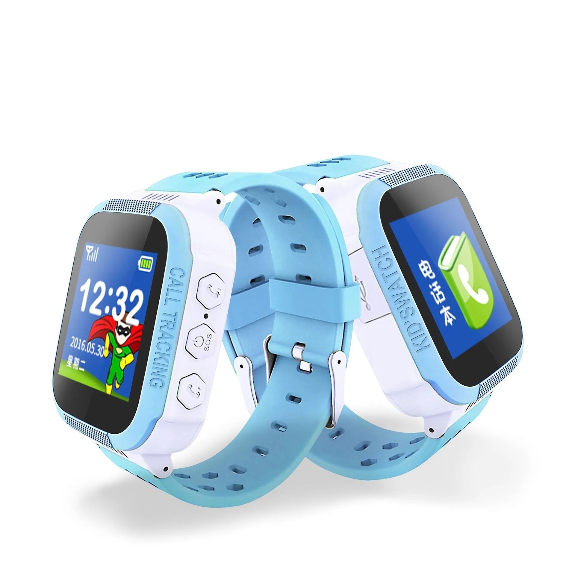 Blue children's phone watch with 1.44 inch screen showing time display