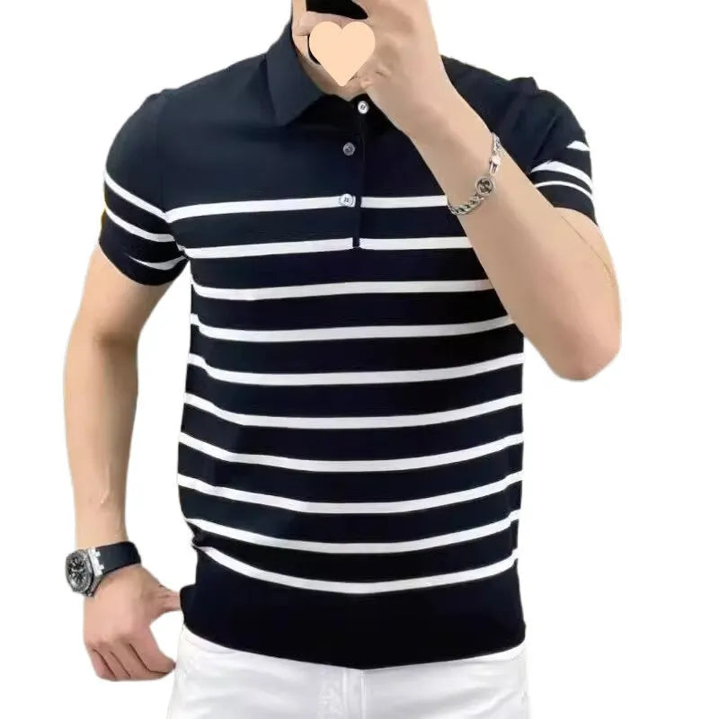 Striped lapel knitted t-shirt in black and white colour options showing pullover design