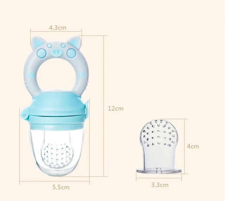 Silicone baby teether in blue, green, and pink colours with mouthpiece options