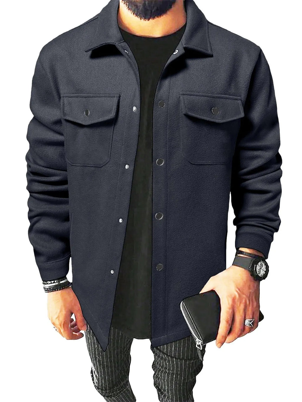 Men's brushed cotton blend casual shirt in solid colour cardigan style with long sleeves and regular fit