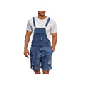 Ripped men's cotton denim suspender shorts in mid-waist straight-leg style, black colour option