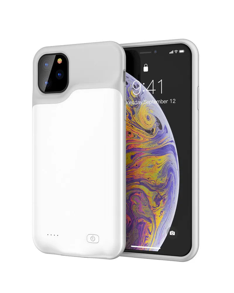 Shockproof silicone iPhone battery charger case in black, blue, pink and white colours