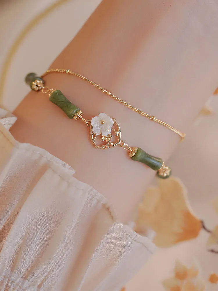 Natural olivine double layer bracelet with twin bells of Ireland charm, handmade green stone beads, women's pastoral jewellery