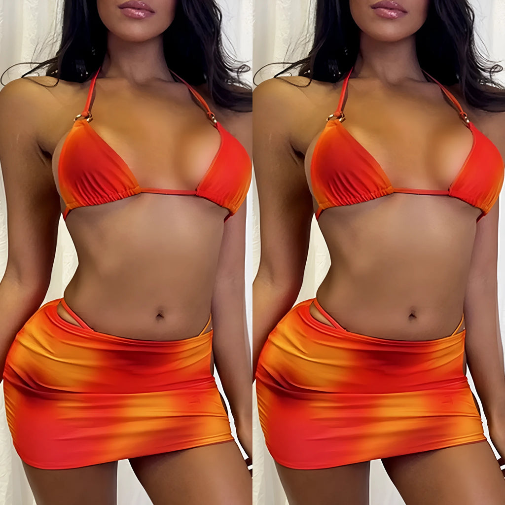 Solid colour tie-dye gradient three-piece halter bikini swimsuit set with top, pants, and skirt.