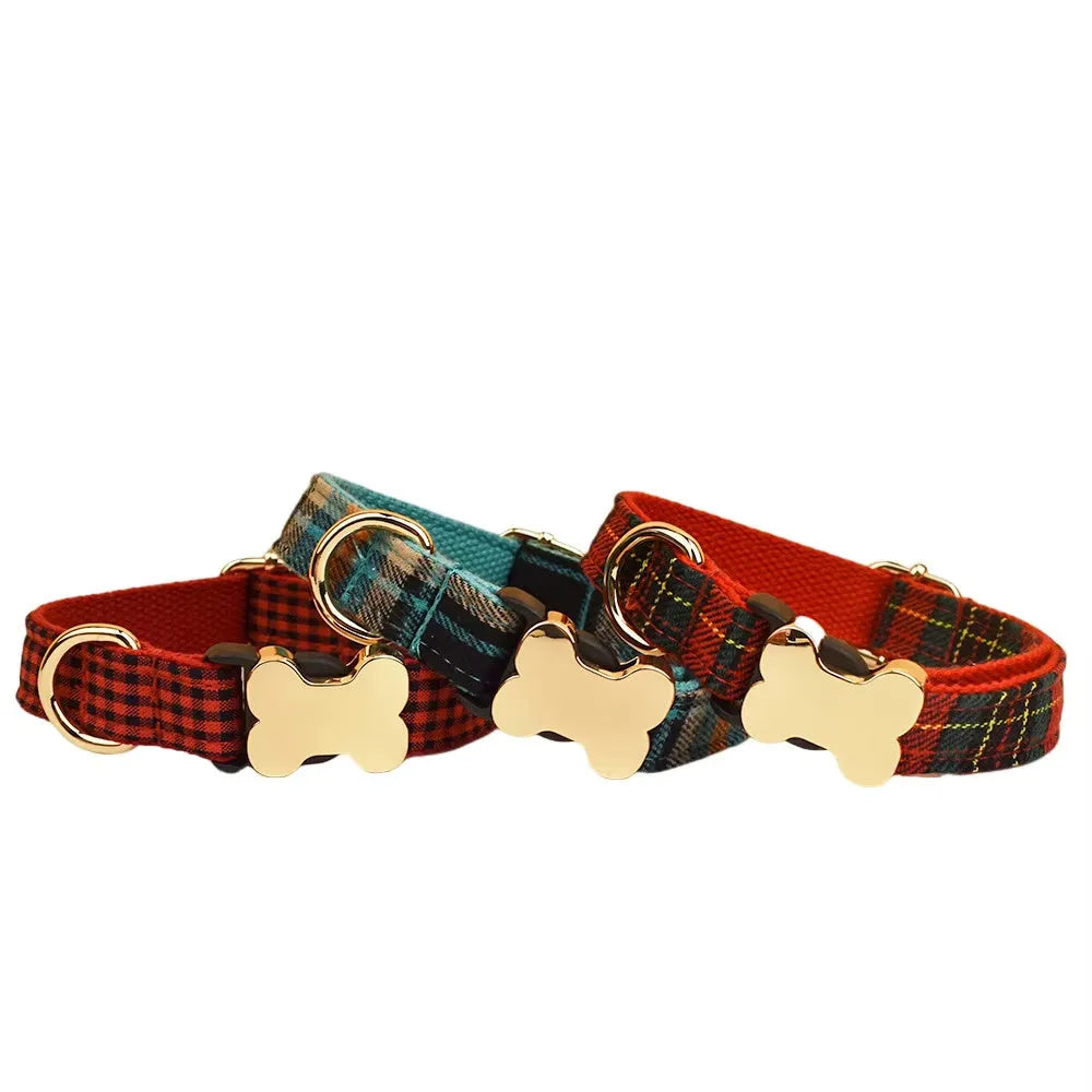 Flat nylon dog collar with a bone-shaped buckle and a printed grid pattern.