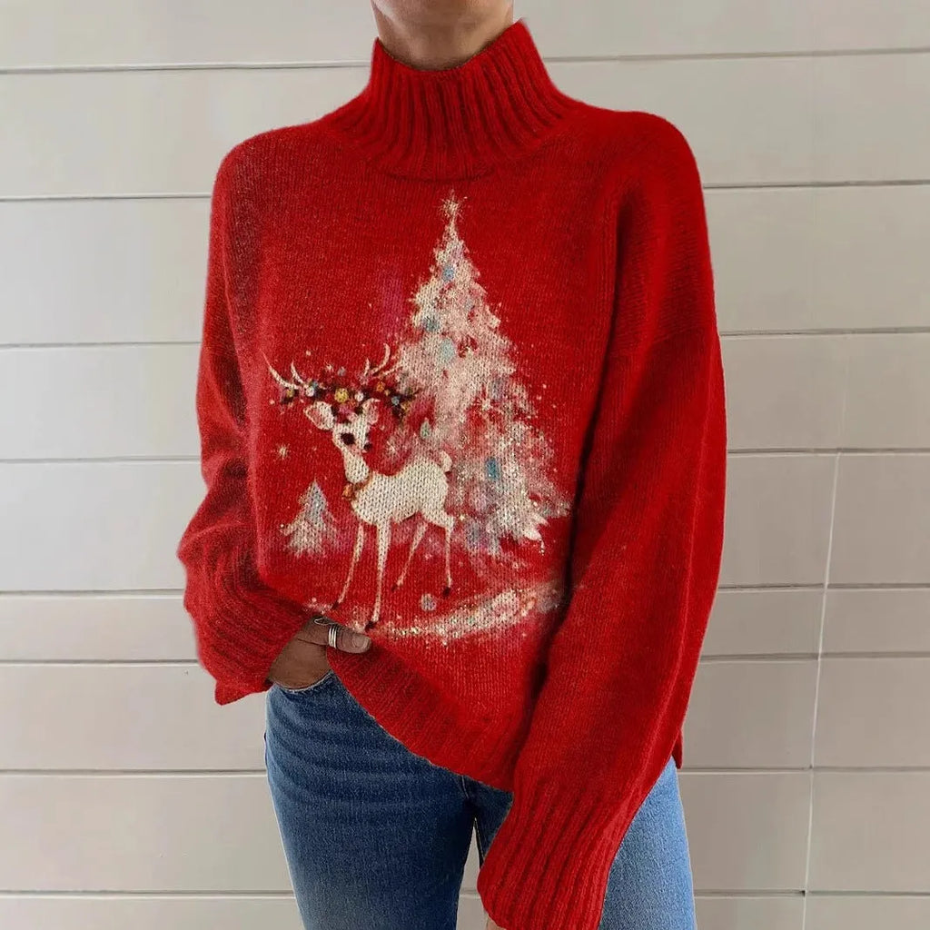 Women's loose fit Christmas printed turtleneck sweater in polyester fabric with painting pattern