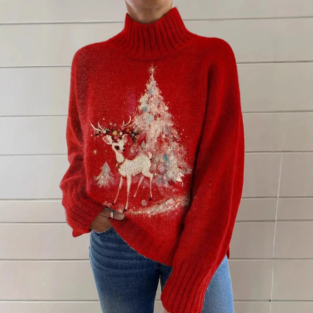 Women's loose fit Christmas printed turtleneck sweater in polyester fabric with painting pattern