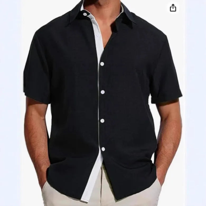 Men's short-sleeved floral print polyester shirt in gray, front view, casual summer style