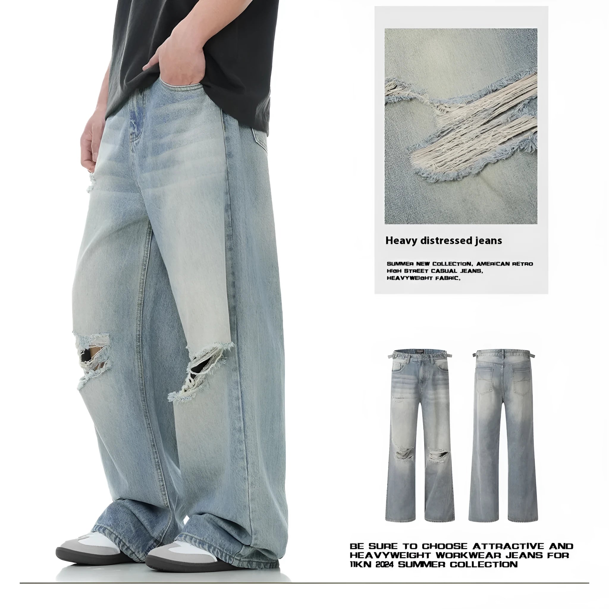 Blue men's retro straight-leg jeans with ripped details and a zipper fly.
